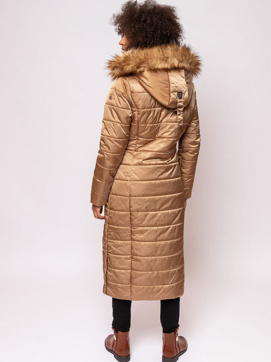 Heavy Tools Women's Long Puffer Jacket for Winter Beige