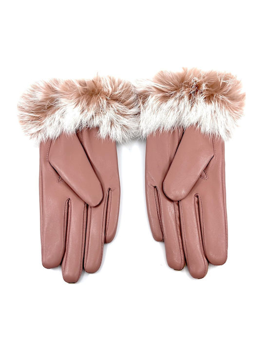 Women's Leather Touch Gloves with Fur Pink
