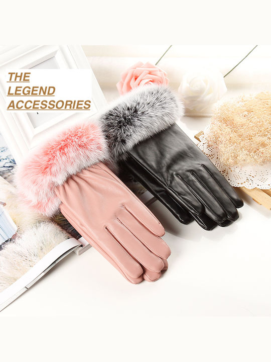 Women's Leather Touch Gloves with Fur Pink