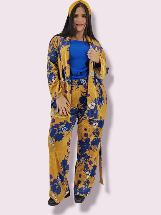Women's Yellow Set with Pants with Elastic in Loose Fit Floral