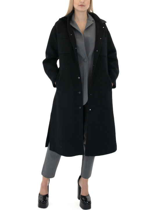 Μάλλινο Γυναικείο Μαύρο Overshirt με Κουκούλα