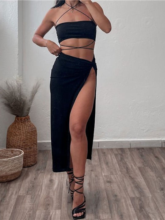 Chica Set with High Waist Maxi Skirt in Black color