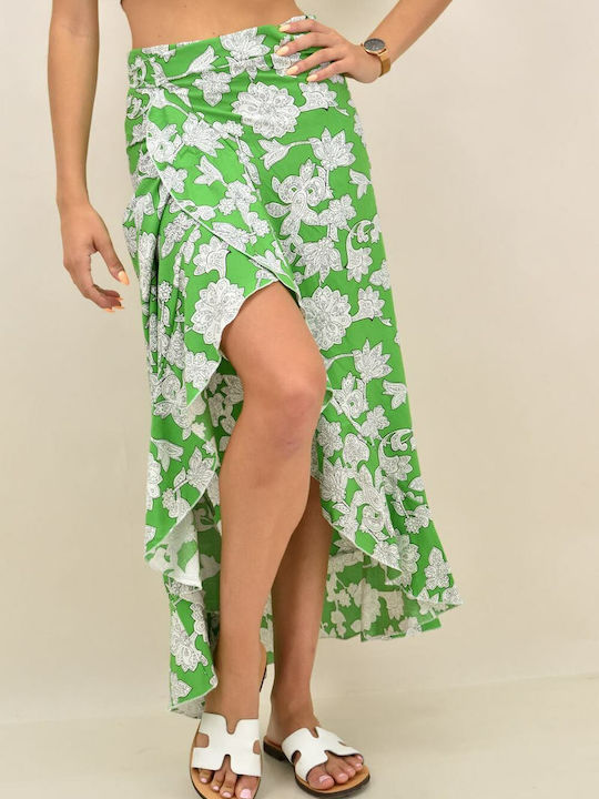 First Woman High Waist Women's Maxi Croise Skirt Floral Green