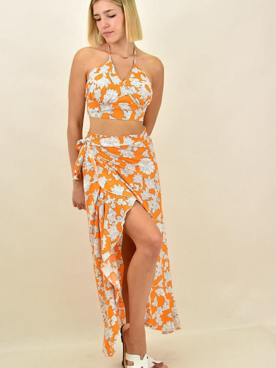 Set mit Hoch tailliert Maxi Rock Blumen Orange