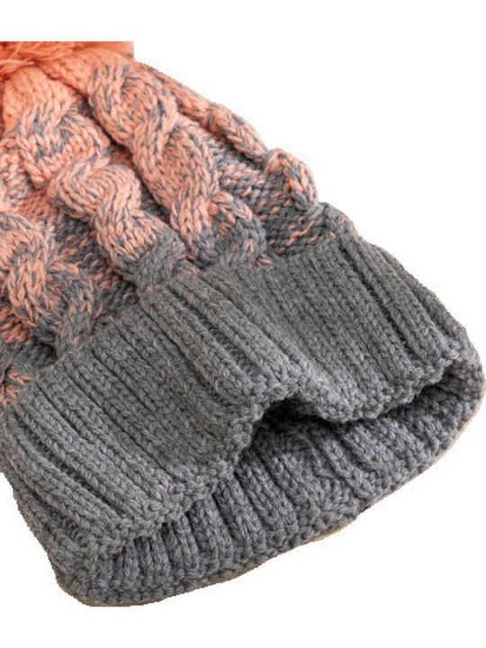 Pom Pom Beanie Unisex Σκούφος με Πλεξούδες σε Γκρι χρώμα