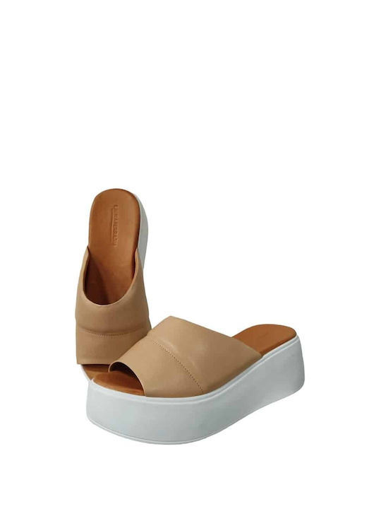 Leather Mules with Chunky High Heel in Beige Color