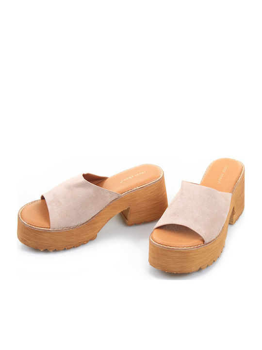 Suede Mules με Χοντρό Ψηλό Τακούνι σε Μπεζ Χρώμα