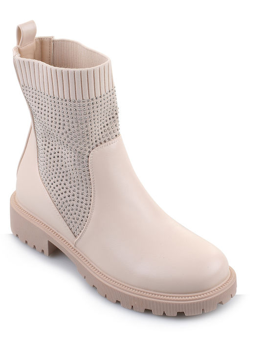 Fshoes Women's Medium Heel Combat Boots Beige