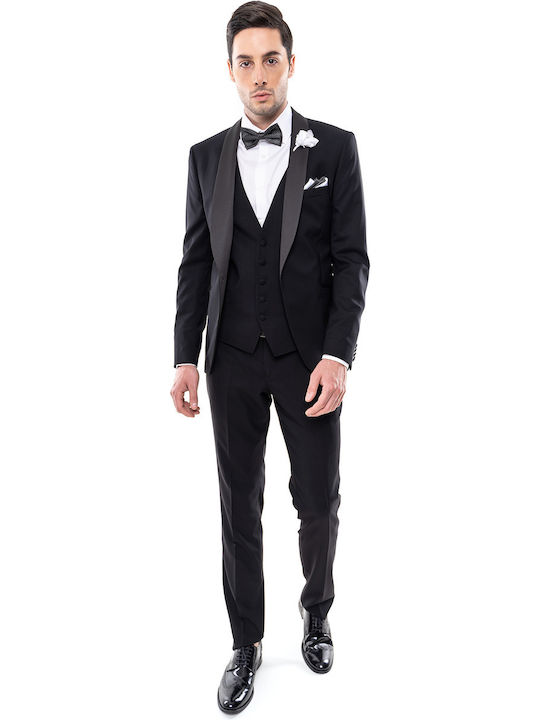 Fragosto Men's Suit with Vest Slim Fit Black