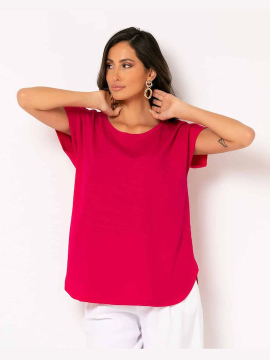 Noobass Damen Sommer Bluse Kurzärmelig Fuchsie