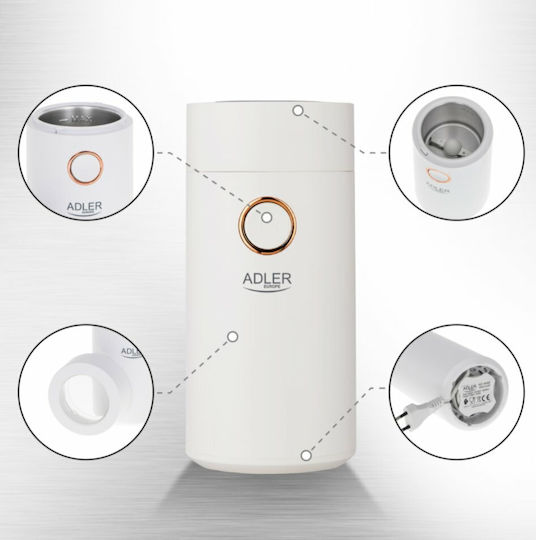 Adler Електрически Кафемелачка 150W с капацитет за кафе на зърна 75гр Бял