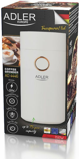 Adler Електрически Кафемелачка 150W с капацитет за кафе на зърна 75гр Бял