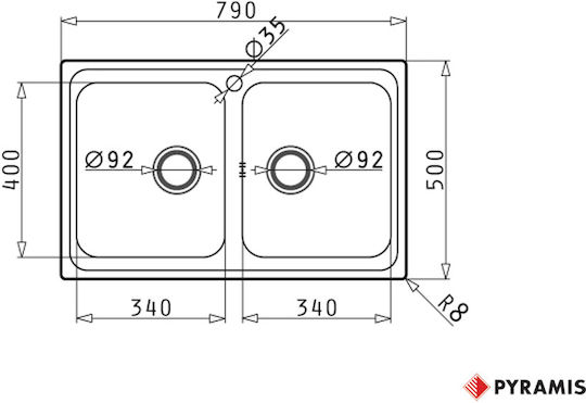 Pyramis Alea 2B 107157601 Drop-In Мивка Inox Сатен Ш79xД50см Сребрист