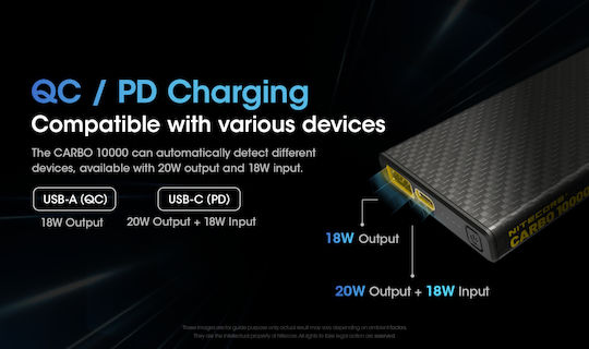 NiteCore Carbo 10000 Power Bank 10000mAh 18W με Θύρα USB-A και Θύρα USB-C Power Delivery Μαύρο