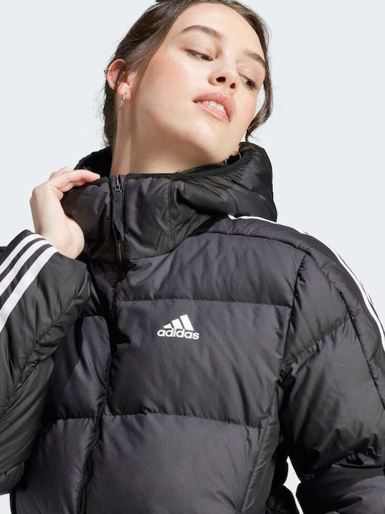 Essentials 3-Stripes Mid Down Women's Short Puffer Jacket for Winter with Hood Black