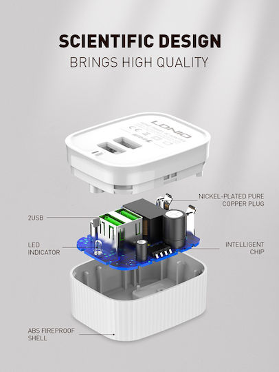 Ldnio Φορτιστής με 2 Θύρες USB-A και Καλώδιο USB-C Λευκός (A201)