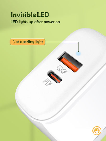 Ldnio с USB-A порт и USB-C порт и кабел USB-C - USB-C 45W Power Delivery / Quick Charge 4.0 Бял (A2526C)