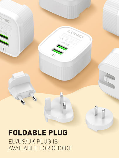 Ldnio Φορτιστής με 2 Θύρες USB-A και Καλώδιο USB-C Λευκός (A201)