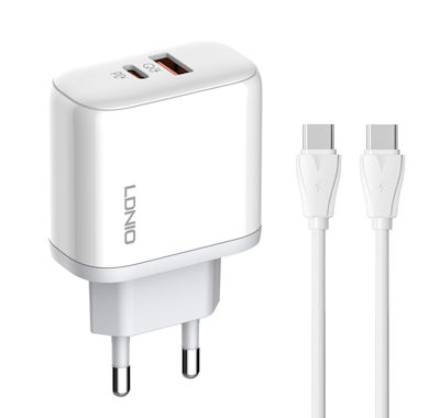 Ldnio Φορτιστής με Θύρα USB-A και Θύρα USB-C και Καλώδιο USB-C - USB-C 45W Power Delivery / Quick Charge 4.0 Λευκός (A2526C)
