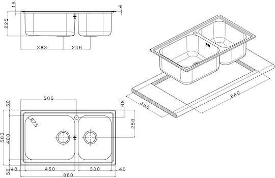 Apell Linear 8520 Ένθετος Νεροχύτης Αριστερός Inox Σαγρέ Μ86xΠ50cm Ασημί
