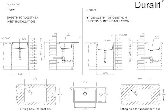 Duralit KZ075 KZ075-500 Drop-In Chiuvetă din Granit Sintetic L76xW50cm Bej Avena