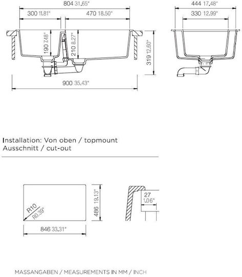 Schock Cristalite Element 110-31290-1451 Drop-In Chiuvetă Dreapta din Granit Sintetic L86xW50cm Concrete Beton