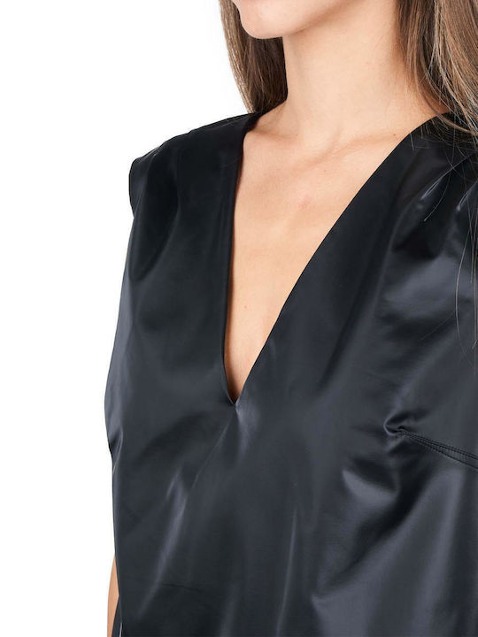 Women's Blouse Leather Sleeveless with V Neckline Black