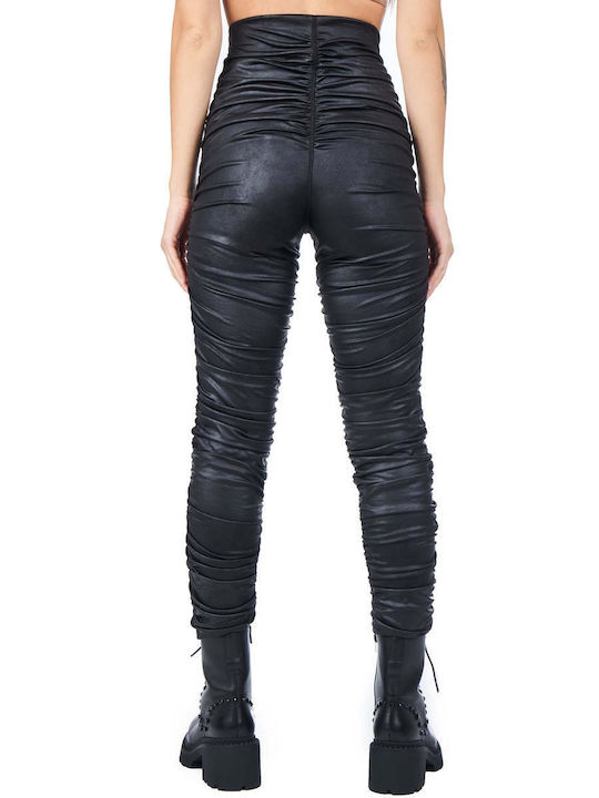 Zoya Damen Hoch tailliert Leder Hose mit Gummizug Schwarz