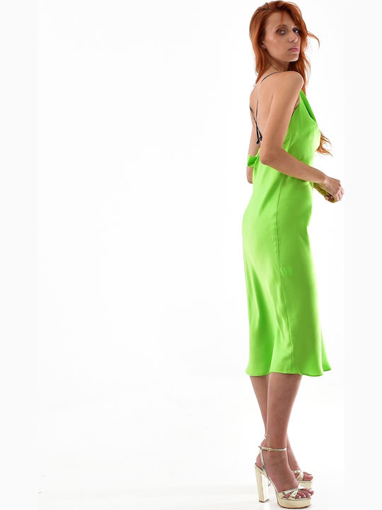 Summer Midi Evening Satin Drape Green Dress