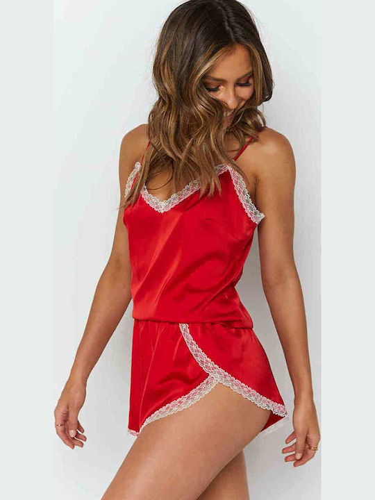 Merry See Καλοκαιρινή Γυναικεία Σατέν Ολόσωμη Πιτζάμα Κόκκινη