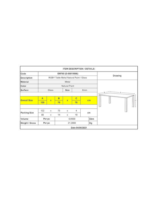 Roby Table Kitchen with Glass Surface 120x70x75cm