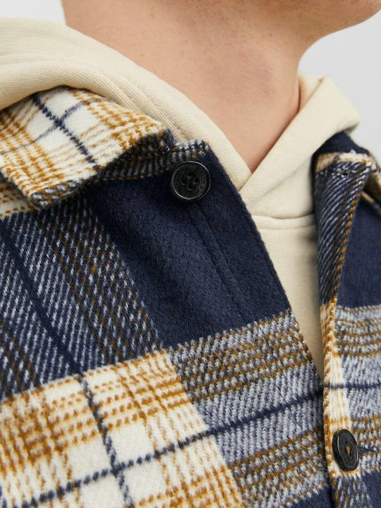Long Sleeve Flannel Overshirt in Wide Line Checked Blue