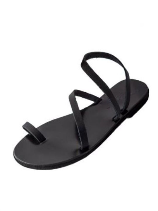 Leather Women's Flat Sandals in Black Color
