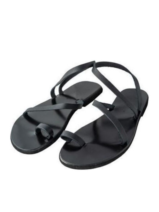 Leather Women's Flat Sandals in Black Color