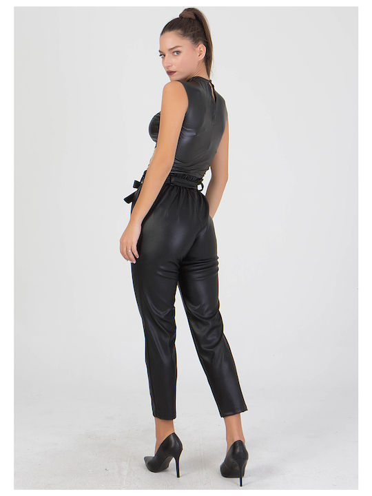 Sushi's Closet Women's High Waist Leather Trousers with Elastic in Slim Fit Black