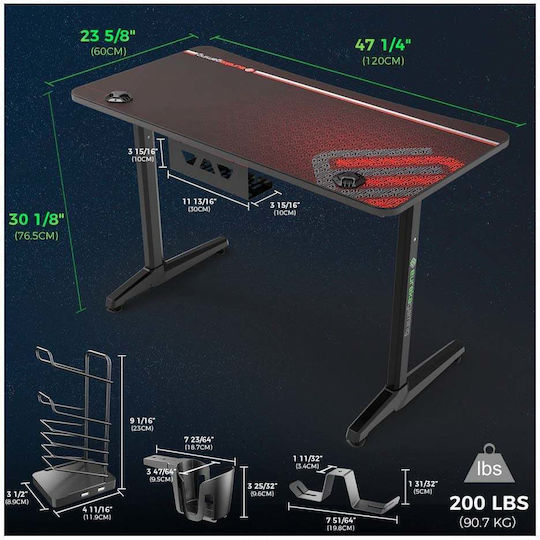 Γραφείο Gaming ERK-GIP-P47B-V1 Ξύλινο Black με Μεταλλικά Πόδια 120x60x77εκ.