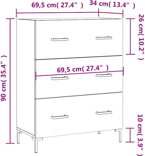 Wooden Chest of Drawers with 3 Drawers 69.5x34x90cm