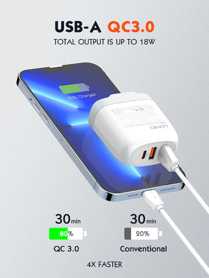 Ldnio Charger with 2 USB-A Ports and USB-C Port and Cable USB-C - USB-C 65W Whites (A3511Q)