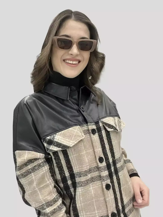 Mânecă lungă Femei Piele Cămașă Carou