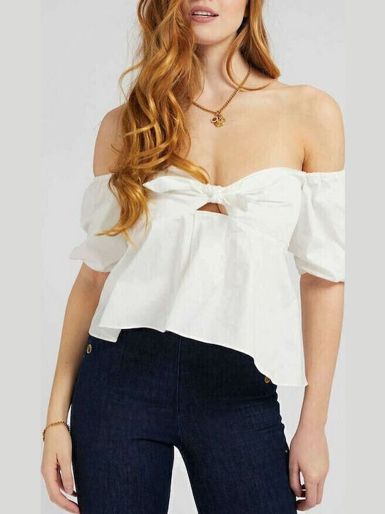 Γυναικεία Καλοκαιρινή Μπλούζα Βαμβακερή Off-Shoulder Κοντομάνικη Λευκή