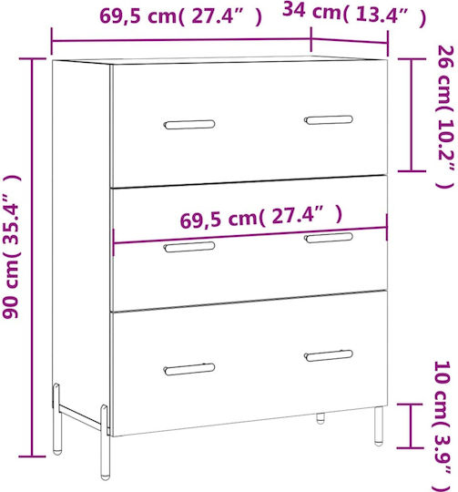 Wooden Chest of Drawers with 3 Drawers 69.5x34x90cm