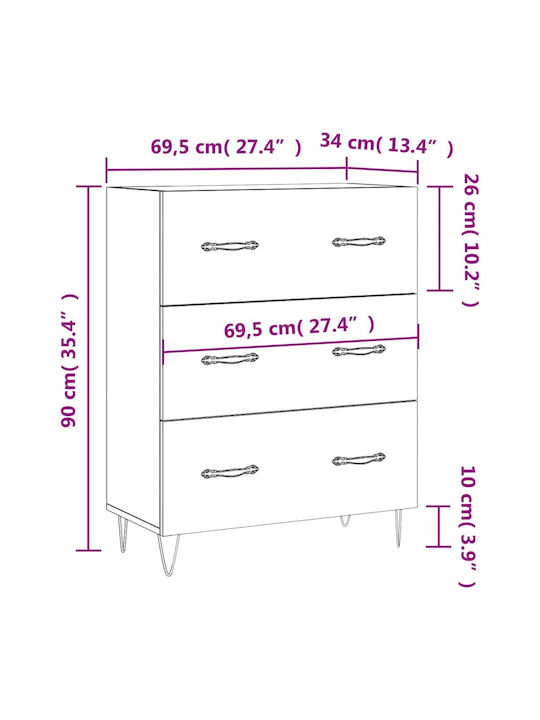 Wooden Chest of Drawers with 3 Drawers 69.5x34x90cm