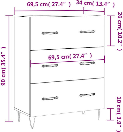 Wooden Chest of Drawers with 3 Drawers 69.5x34x90cm