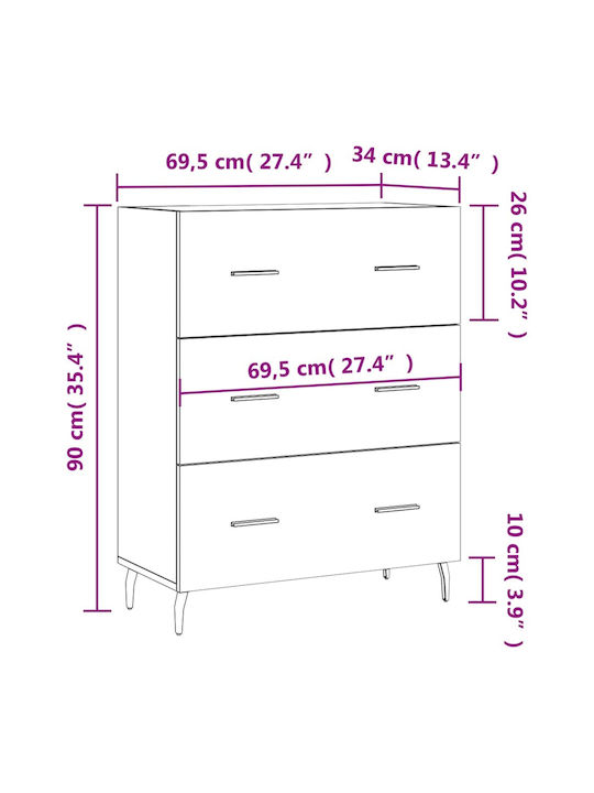 Wooden Chest of Drawers with 3 Drawers White 69.5x34x90cm