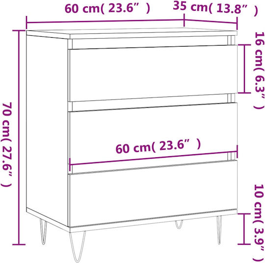 Wooden Chest of Drawers with 3 Drawers White 60x35x70cm