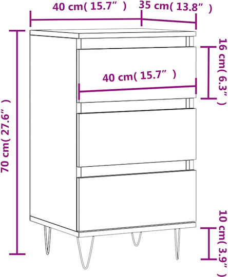 Wooden Chest of Drawers with 3 Drawers White 40x35x70cm