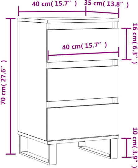 Wooden Bedroom Chest of Drawers with 3 Drawers 40x35x70cm