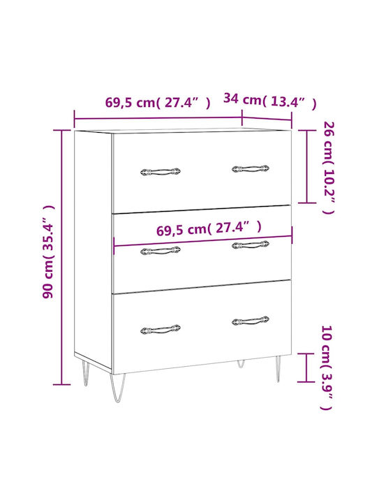 Wooden Chest of Drawers with 3 Drawers Black 69.5x34x90cm