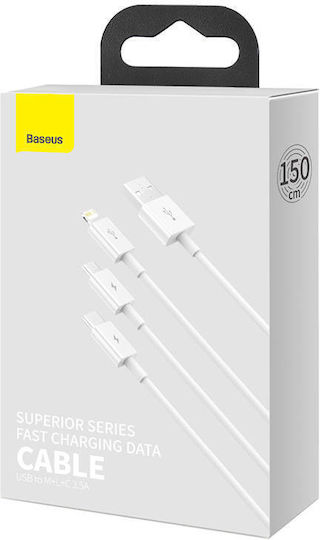 Baseus Superior Regular USB to Lightning / Type-C / micro USB Cable 3.5A Λευκό 0.5m P10320105221-01
