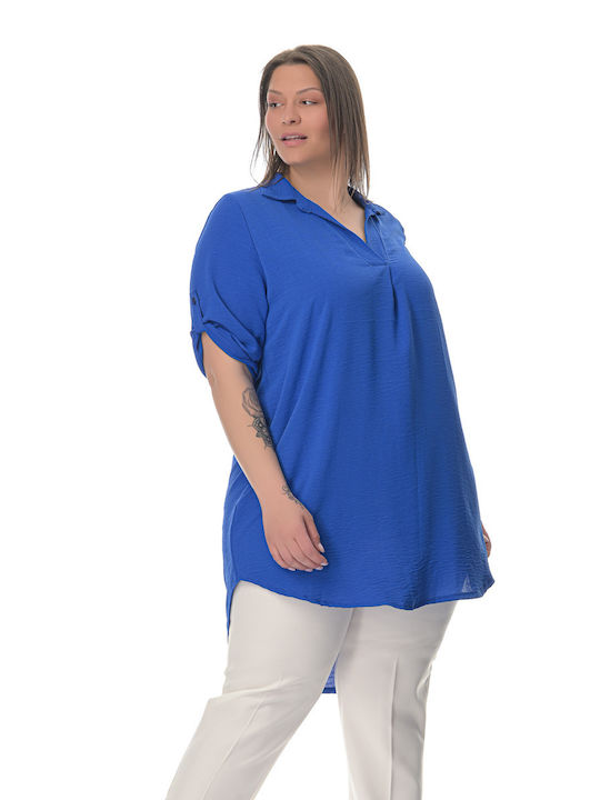 Sushi's Closet Women's Summer Blouse Linen Short Sleeve with V Neckline Blue
